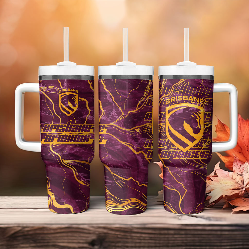 Brisbane Broncos Tumbler With Handle Gold Marble Pattern With Vibrant Topography Lines
