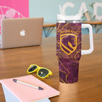 Brisbane Broncos Tumbler With Handle Gold Marble Pattern With Vibrant Topography Lines