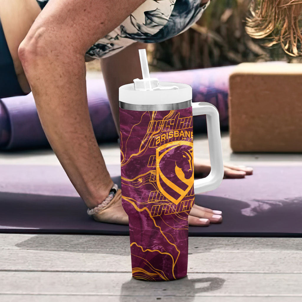 Brisbane Broncos Tumbler With Handle Gold Marble Pattern With Vibrant Topography Lines