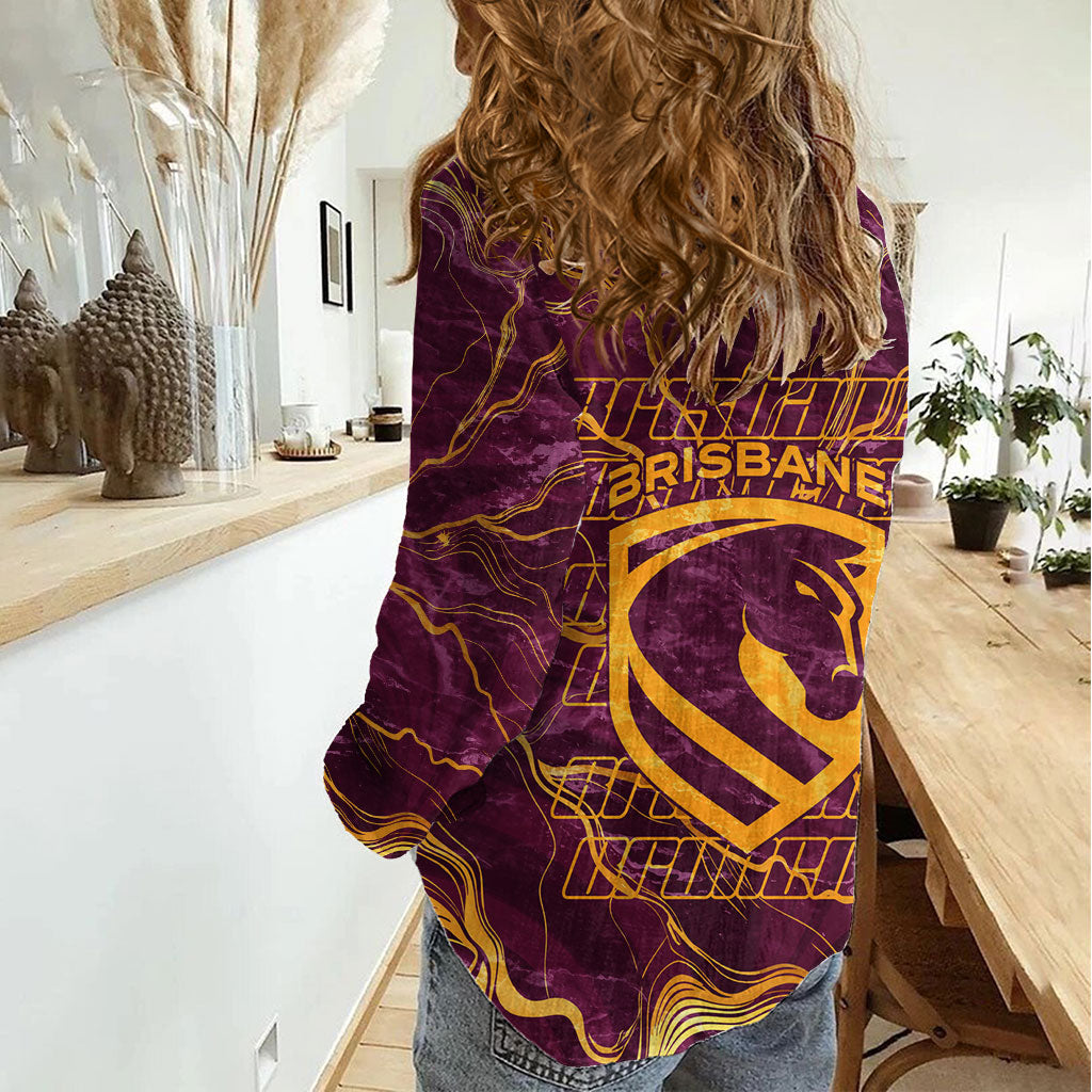 Brisbane Broncos Women Casual Shirt Gold Marble Pattern With Vibrant Topography Lines