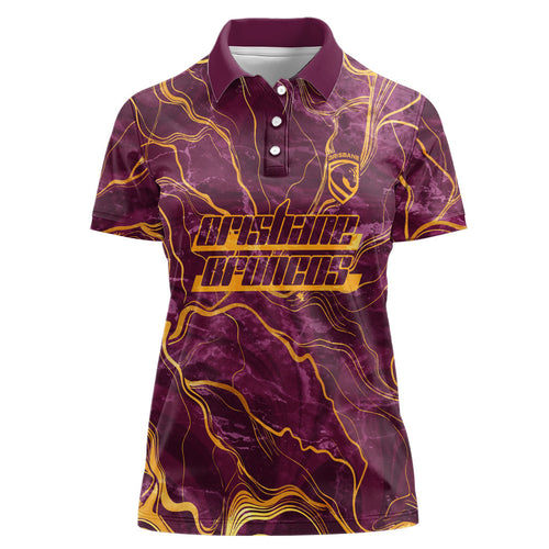 Brisbane Broncos Women Polo Shirt Gold Marble Pattern With Vibrant Topography Lines