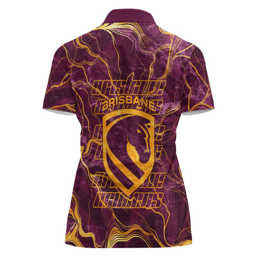 Brisbane Broncos Women Polo Shirt Gold Marble Pattern With Vibrant Topography Lines