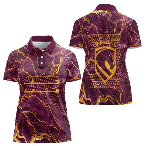 Brisbane Broncos Women Polo Shirt Gold Marble Pattern With Vibrant Topography Lines