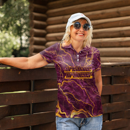 Brisbane Broncos Women Polo Shirt Gold Marble Pattern With Vibrant Topography Lines