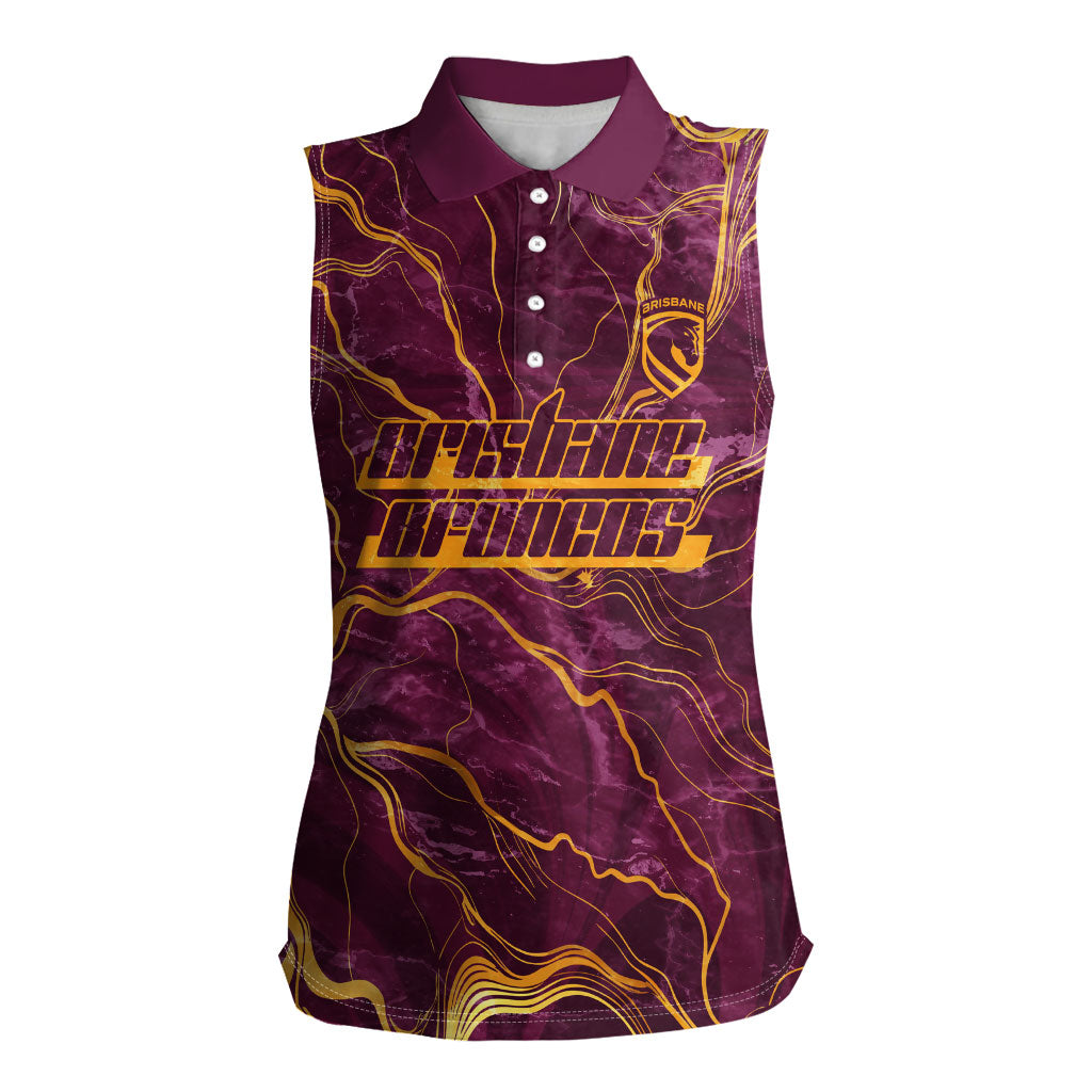 Brisbane Broncos Women Sleeveless Polo Shirt Gold Marble Pattern With Vibrant Topography Lines
