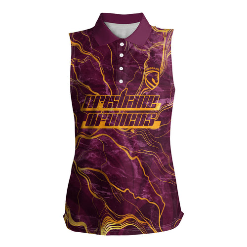 Brisbane Broncos Women Sleeveless Polo Shirt Gold Marble Pattern With Vibrant Topography Lines