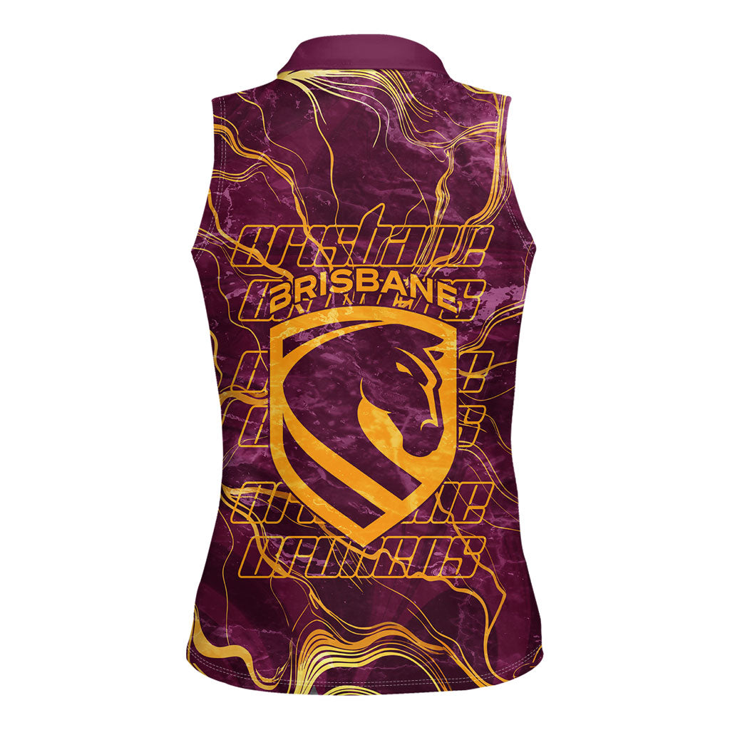 Brisbane Broncos Women Sleeveless Polo Shirt Gold Marble Pattern With Vibrant Topography Lines