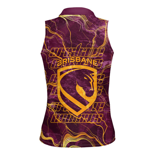 Brisbane Broncos Women Sleeveless Polo Shirt Gold Marble Pattern With Vibrant Topography Lines