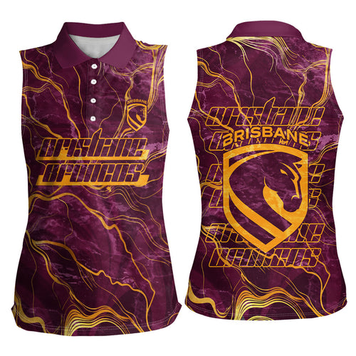 Brisbane Broncos Women Sleeveless Polo Shirt Gold Marble Pattern With Vibrant Topography Lines