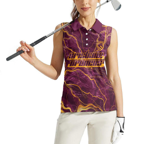 Brisbane Broncos Women Sleeveless Polo Shirt Gold Marble Pattern With Vibrant Topography Lines