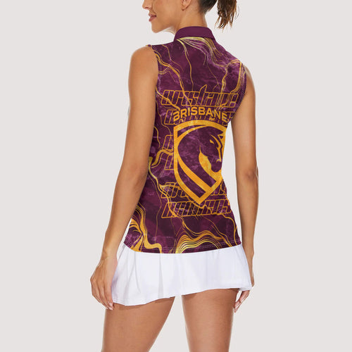 Brisbane Broncos Women Sleeveless Polo Shirt Gold Marble Pattern With Vibrant Topography Lines