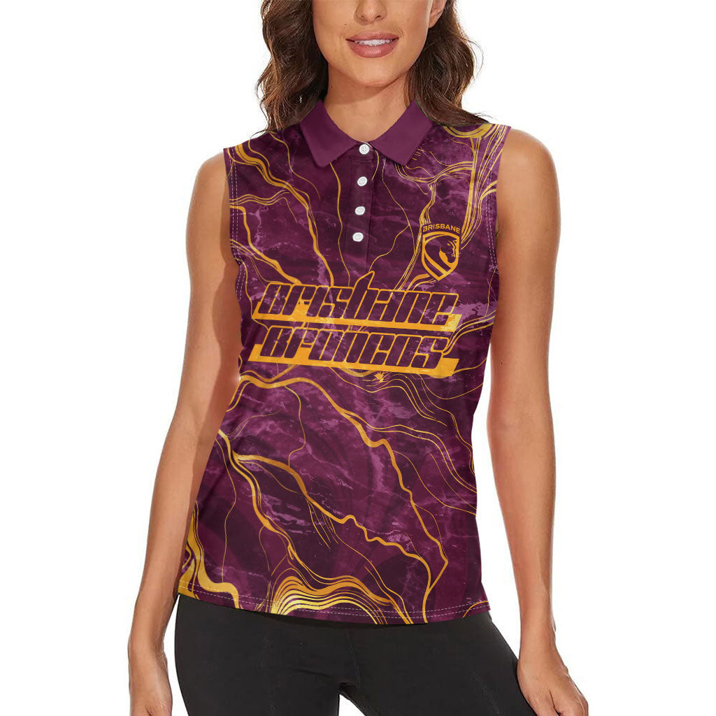 Brisbane Broncos Women Sleeveless Polo Shirt Gold Marble Pattern With Vibrant Topography Lines