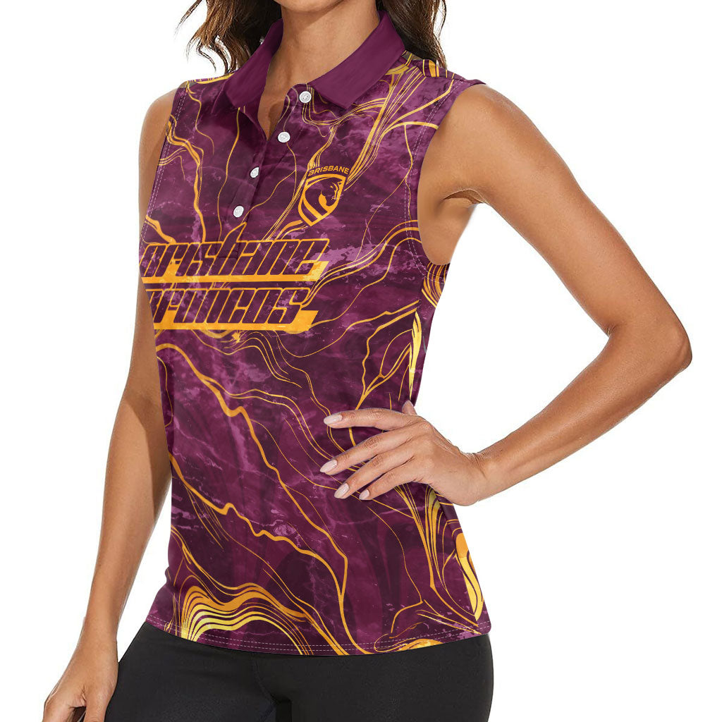 Brisbane Broncos Women Sleeveless Polo Shirt Gold Marble Pattern With Vibrant Topography Lines
