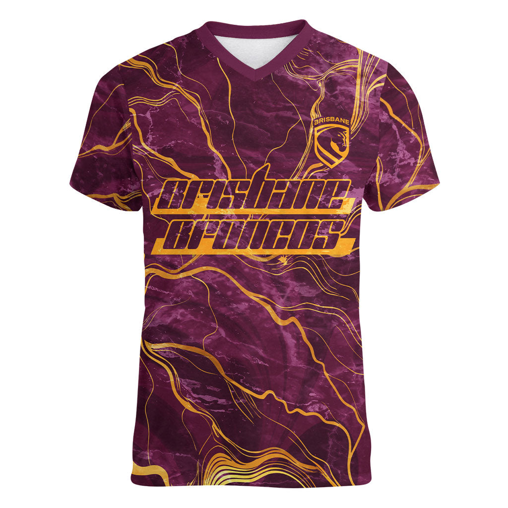 Brisbane Broncos Women V-Neck T-Shirt Gold Marble Pattern With Vibrant Topography Lines