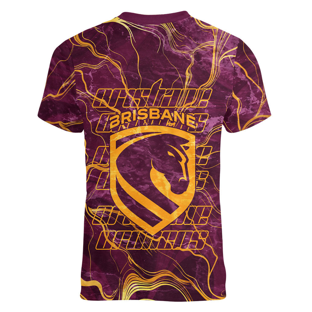 Brisbane Broncos Women V-Neck T-Shirt Gold Marble Pattern With Vibrant Topography Lines
