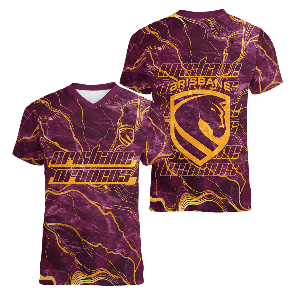 Brisbane Broncos Women V-Neck T-Shirt Gold Marble Pattern With Vibrant Topography Lines