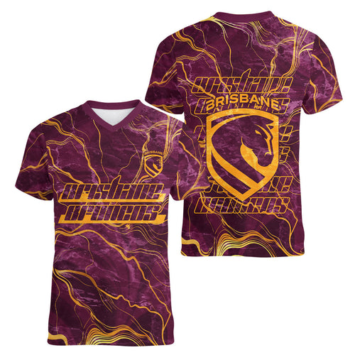 Brisbane Broncos Women V-Neck T-Shirt Gold Marble Pattern With Vibrant Topography Lines