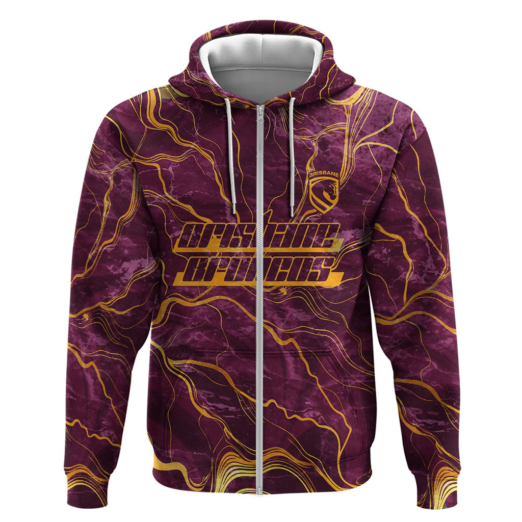 Brisbane Broncos Zip Hoodie Gold Marble Pattern With Vibrant Topography Lines