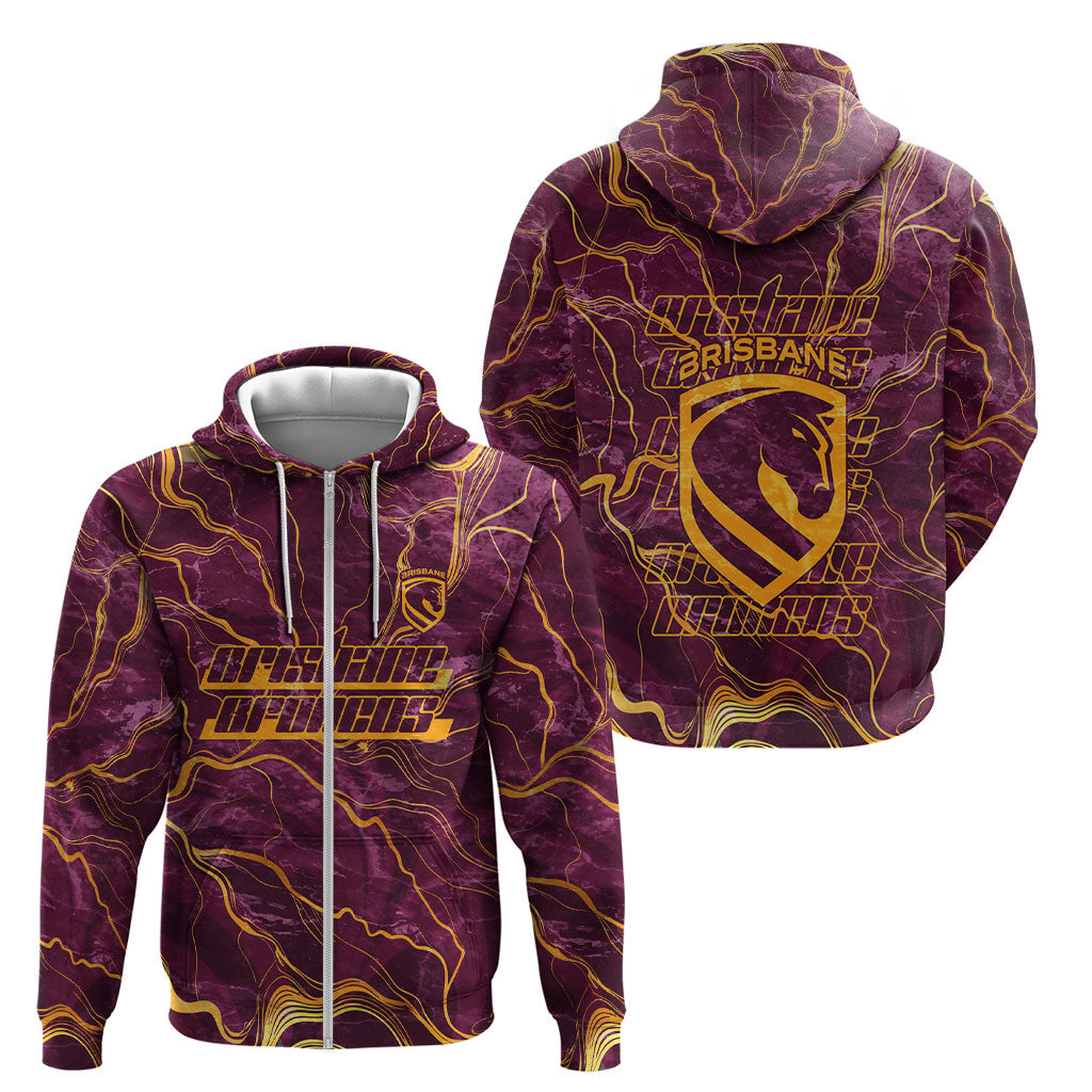 Brisbane Broncos Zip Hoodie Gold Marble Pattern With Vibrant Topography Lines