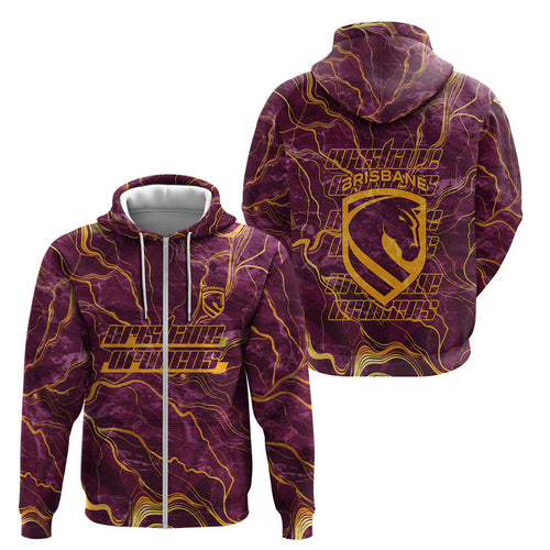 Brisbane Broncos Zip Hoodie Gold Marble Pattern With Vibrant Topography Lines