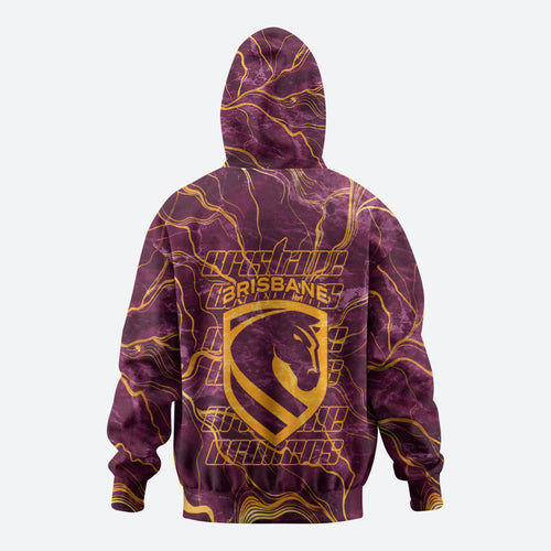 Brisbane Broncos Zip Hoodie Gold Marble Pattern With Vibrant Topography Lines