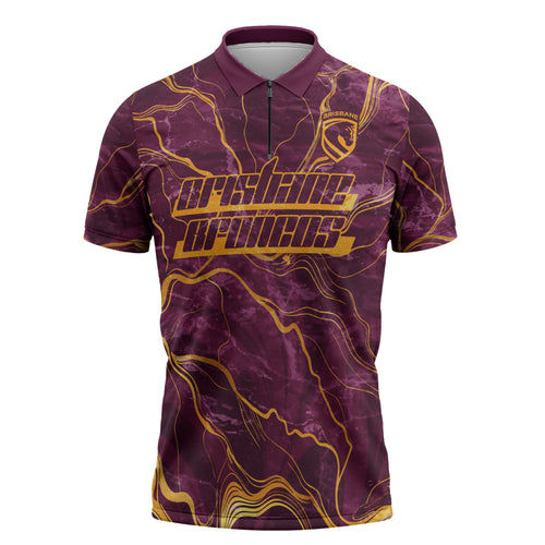 Brisbane Broncos Zipper Polo Shirt Gold Marble Pattern With Vibrant Topography Lines
