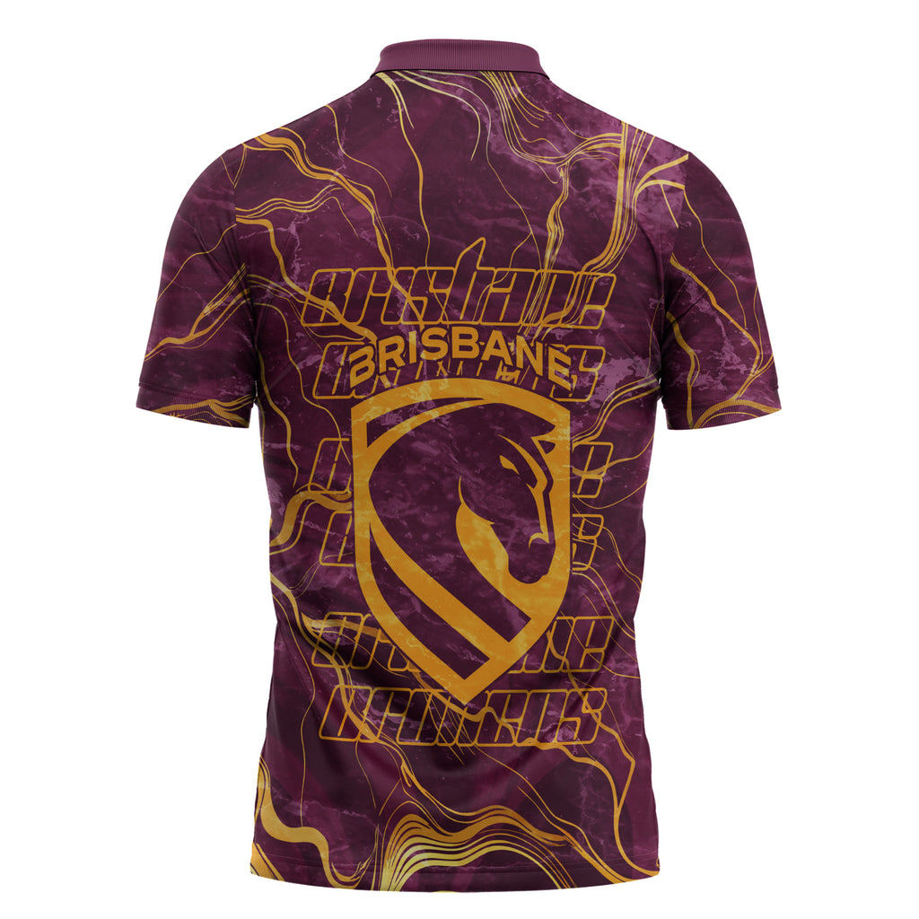 Brisbane Broncos Zipper Polo Shirt Gold Marble Pattern With Vibrant Topography Lines