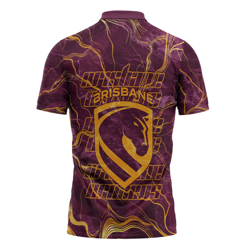 Brisbane Broncos Zipper Polo Shirt Gold Marble Pattern With Vibrant Topography Lines