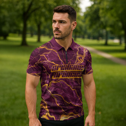 Brisbane Broncos Zipper Polo Shirt Gold Marble Pattern With Vibrant Topography Lines