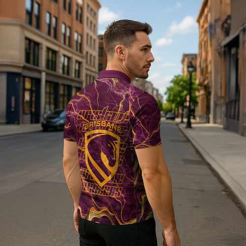 Brisbane Broncos Zipper Polo Shirt Gold Marble Pattern With Vibrant Topography Lines