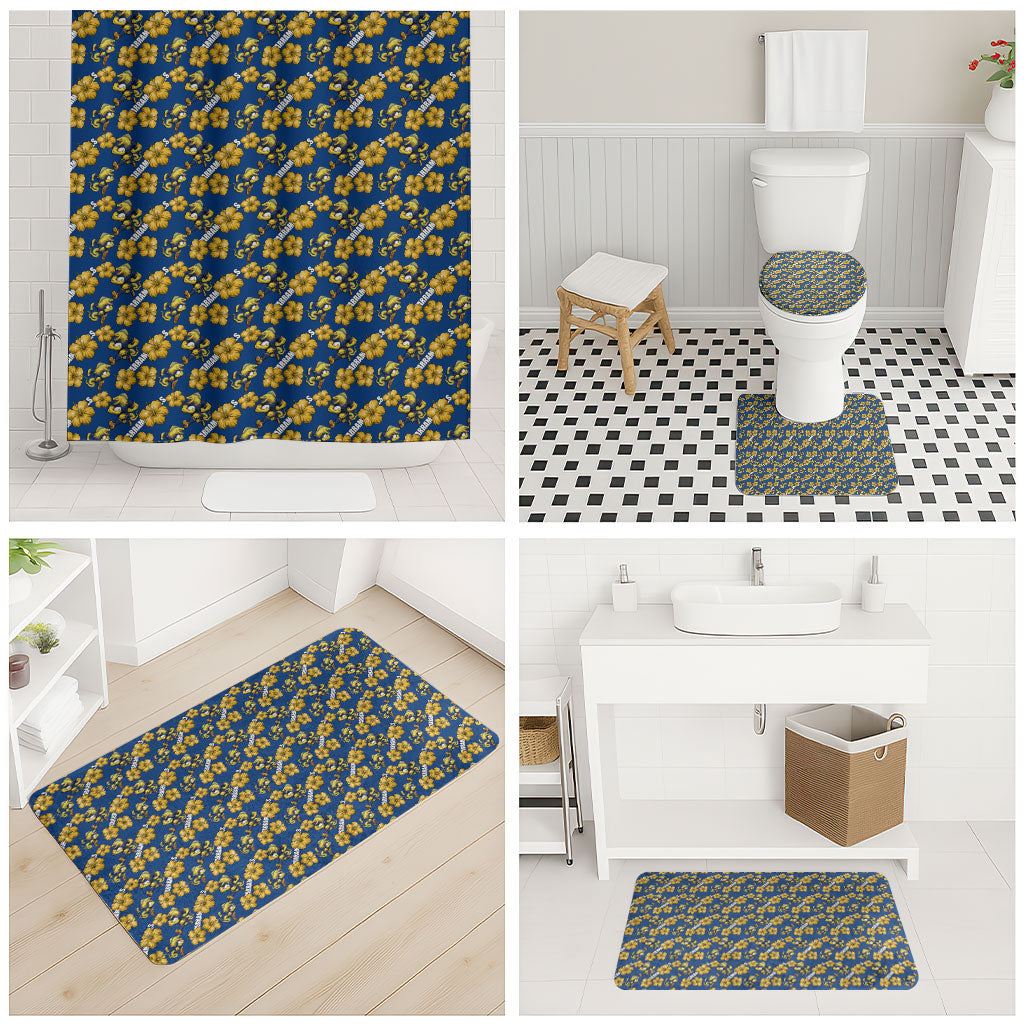 Parramatta Eels Bathroom Set Tropical Hibiscus Floral Seamless Rugby Mascot