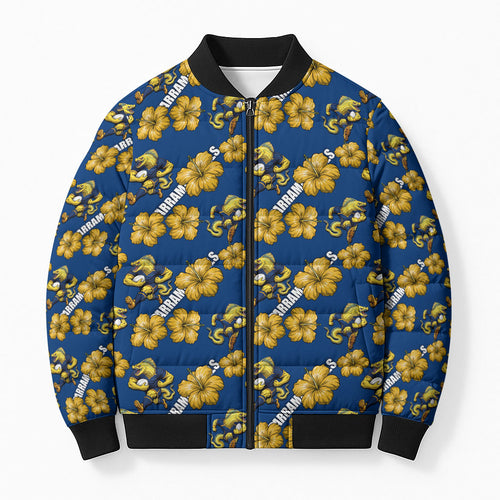Parramatta Eels Bomber Puffer Jacket Tropical Hibiscus Floral Seamless Rugby Mascot