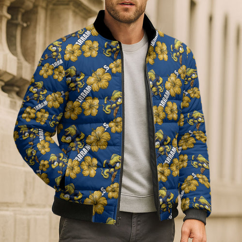 Parramatta Eels Bomber Puffer Jacket Tropical Hibiscus Floral Seamless Rugby Mascot