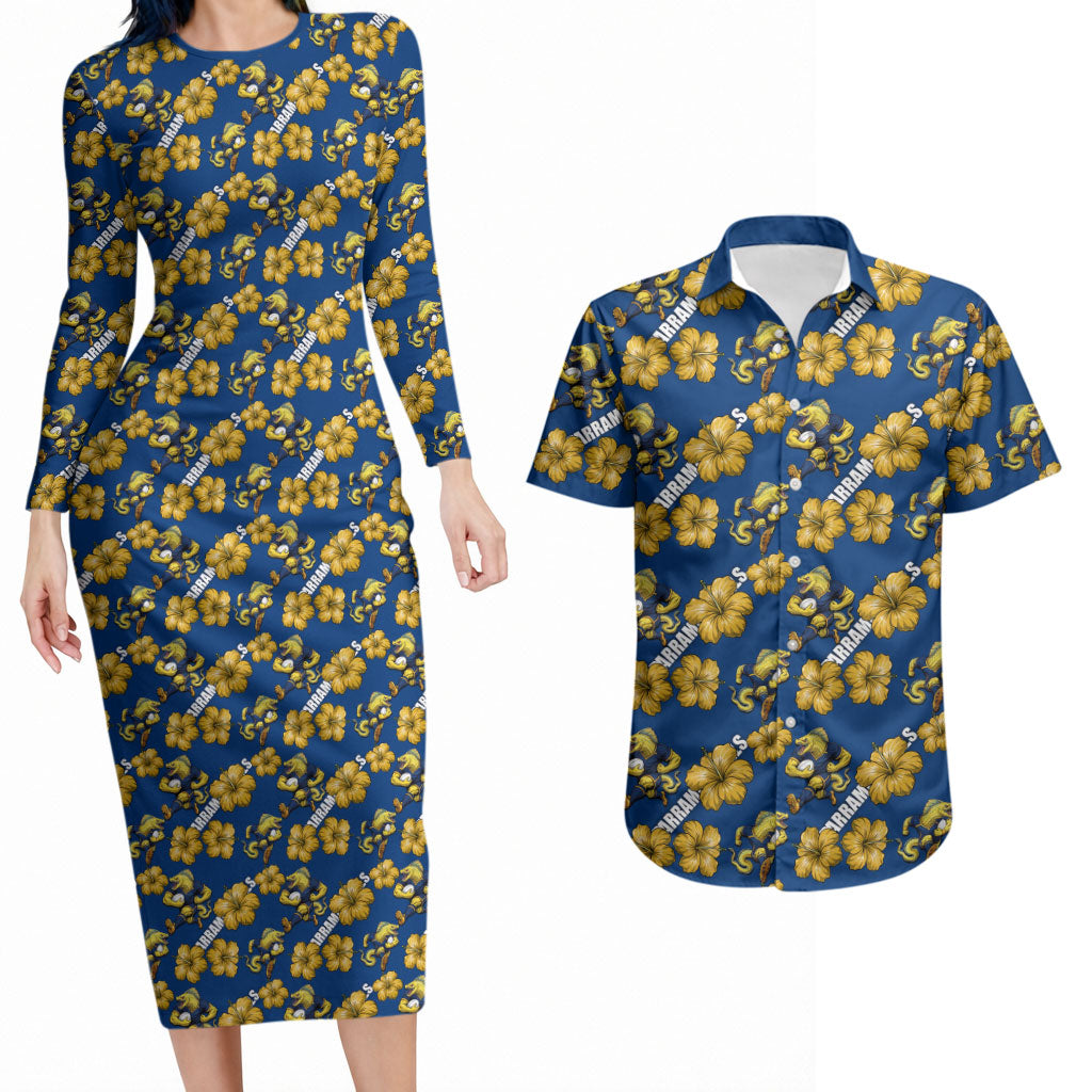 Parramatta Eels Couples Matching Long Sleeve Bodycon Dress and Hawaiian Shirt Tropical Hibiscus Floral Seamless Rugby Mascot