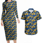 Parramatta Eels Couples Matching Long Sleeve Bodycon Dress and Hawaiian Shirt Tropical Hibiscus Floral Seamless Rugby Mascot
