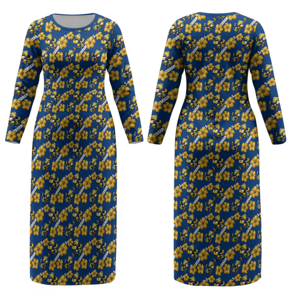 Parramatta Eels Couples Matching Long Sleeve Bodycon Dress and Hawaiian Shirt Tropical Hibiscus Floral Seamless Rugby Mascot