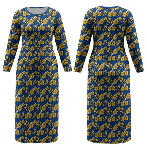 Parramatta Eels Couples Matching Long Sleeve Bodycon Dress and Hawaiian Shirt Tropical Hibiscus Floral Seamless Rugby Mascot