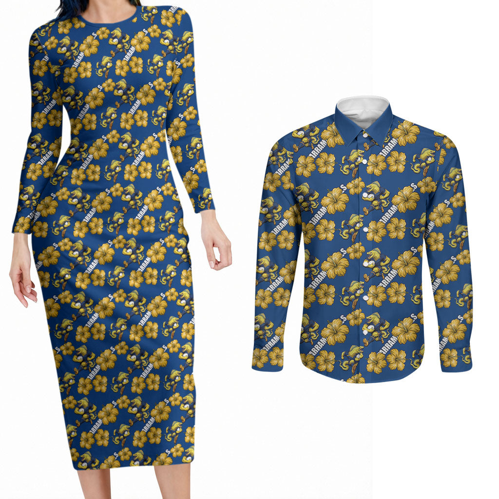 Parramatta Eels Couples Matching Long Sleeve Bodycon Dress and Long Sleeve Button Shirt Tropical Hibiscus Floral Seamless Rugby Mascot