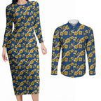 Parramatta Eels Couples Matching Long Sleeve Bodycon Dress and Long Sleeve Button Shirt Tropical Hibiscus Floral Seamless Rugby Mascot