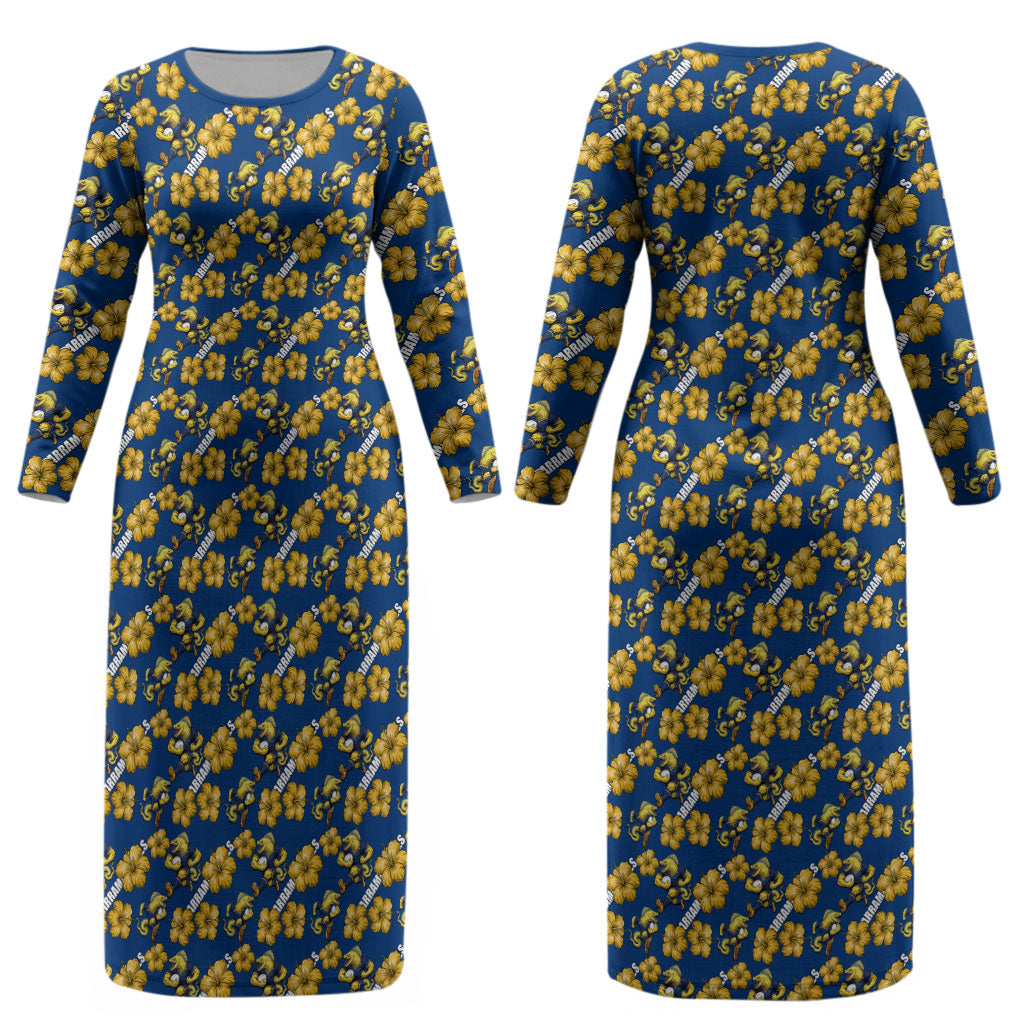 Parramatta Eels Couples Matching Long Sleeve Bodycon Dress and Long Sleeve Button Shirt Tropical Hibiscus Floral Seamless Rugby Mascot