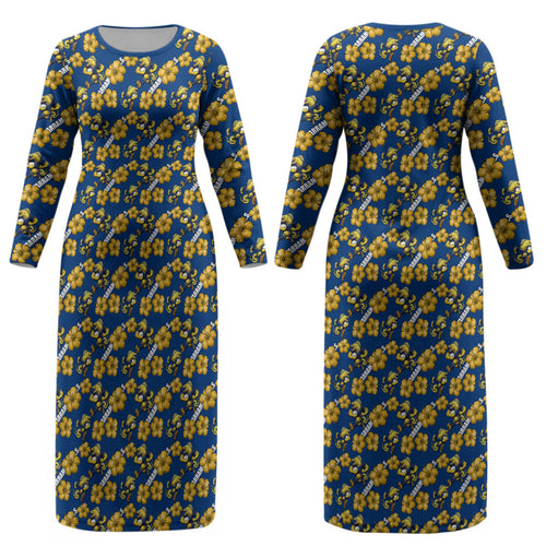 Parramatta Eels Couples Matching Long Sleeve Bodycon Dress and Long Sleeve Button Shirt Tropical Hibiscus Floral Seamless Rugby Mascot