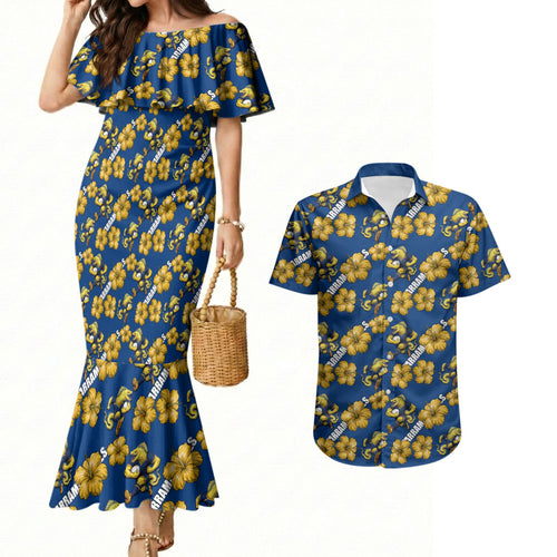 Parramatta Eels Couples Matching Mermaid Dress and Hawaiian Shirt Tropical Hibiscus Floral Seamless Rugby Mascot