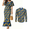 Parramatta Eels Couples Matching Mermaid Dress and Long Sleeve Button Shirt Tropical Hibiscus Floral Seamless Rugby Mascot