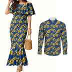 Parramatta Eels Couples Matching Mermaid Dress and Long Sleeve Button Shirt Tropical Hibiscus Floral Seamless Rugby Mascot