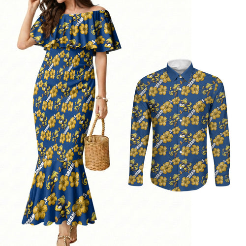 Parramatta Eels Couples Matching Mermaid Dress and Long Sleeve Button Shirt Tropical Hibiscus Floral Seamless Rugby Mascot