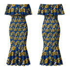Parramatta Eels Couples Matching Mermaid Dress and Long Sleeve Button Shirt Tropical Hibiscus Floral Seamless Rugby Mascot