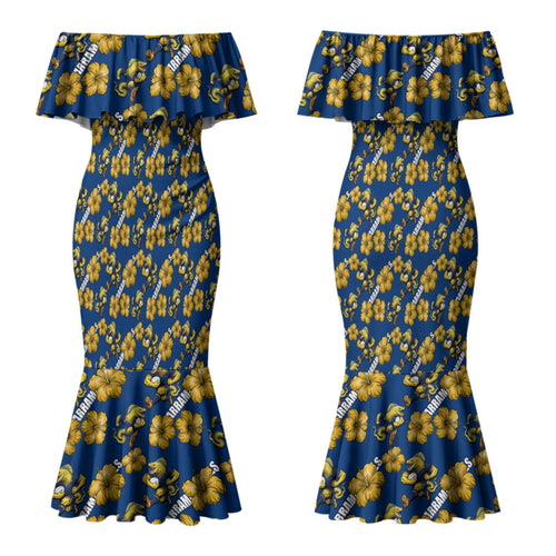 Parramatta Eels Couples Matching Mermaid Dress and Long Sleeve Button Shirt Tropical Hibiscus Floral Seamless Rugby Mascot