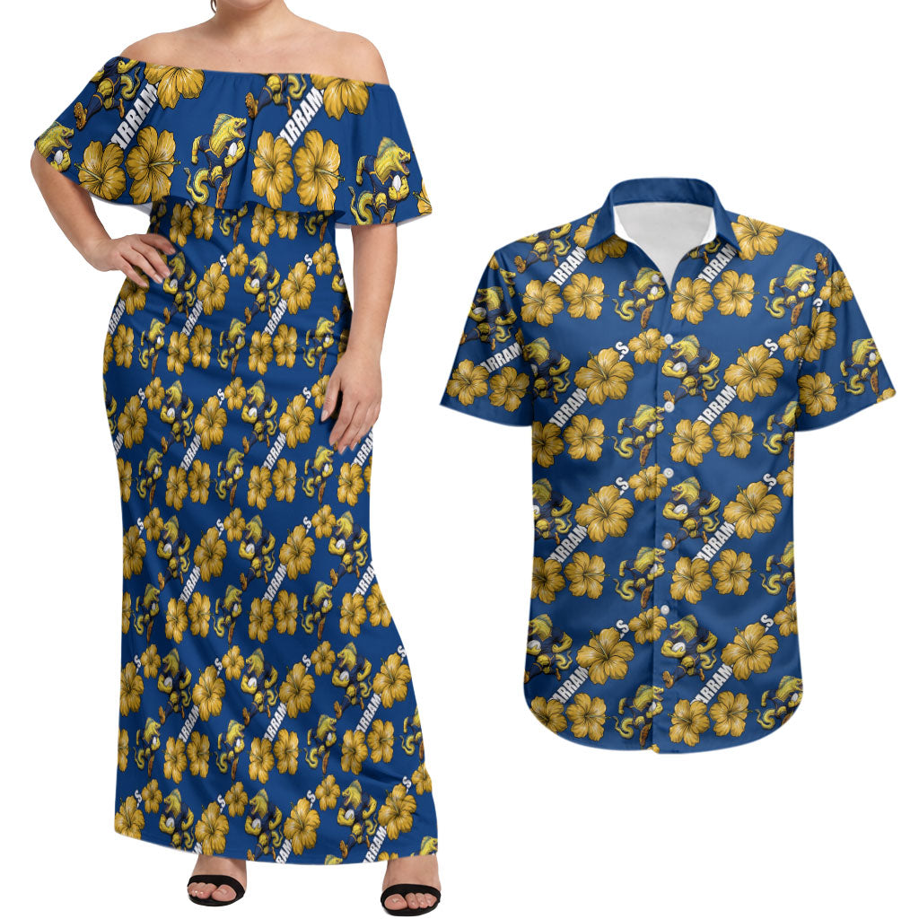 Parramatta Eels Couples Matching Off Shoulder Maxi Dress and Hawaiian Shirt Tropical Hibiscus Floral Seamless Rugby Mascot