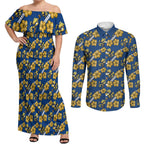 Parramatta Eels Couples Matching Off Shoulder Maxi Dress and Long Sleeve Button Shirt Tropical Hibiscus Floral Seamless Rugby Mascot