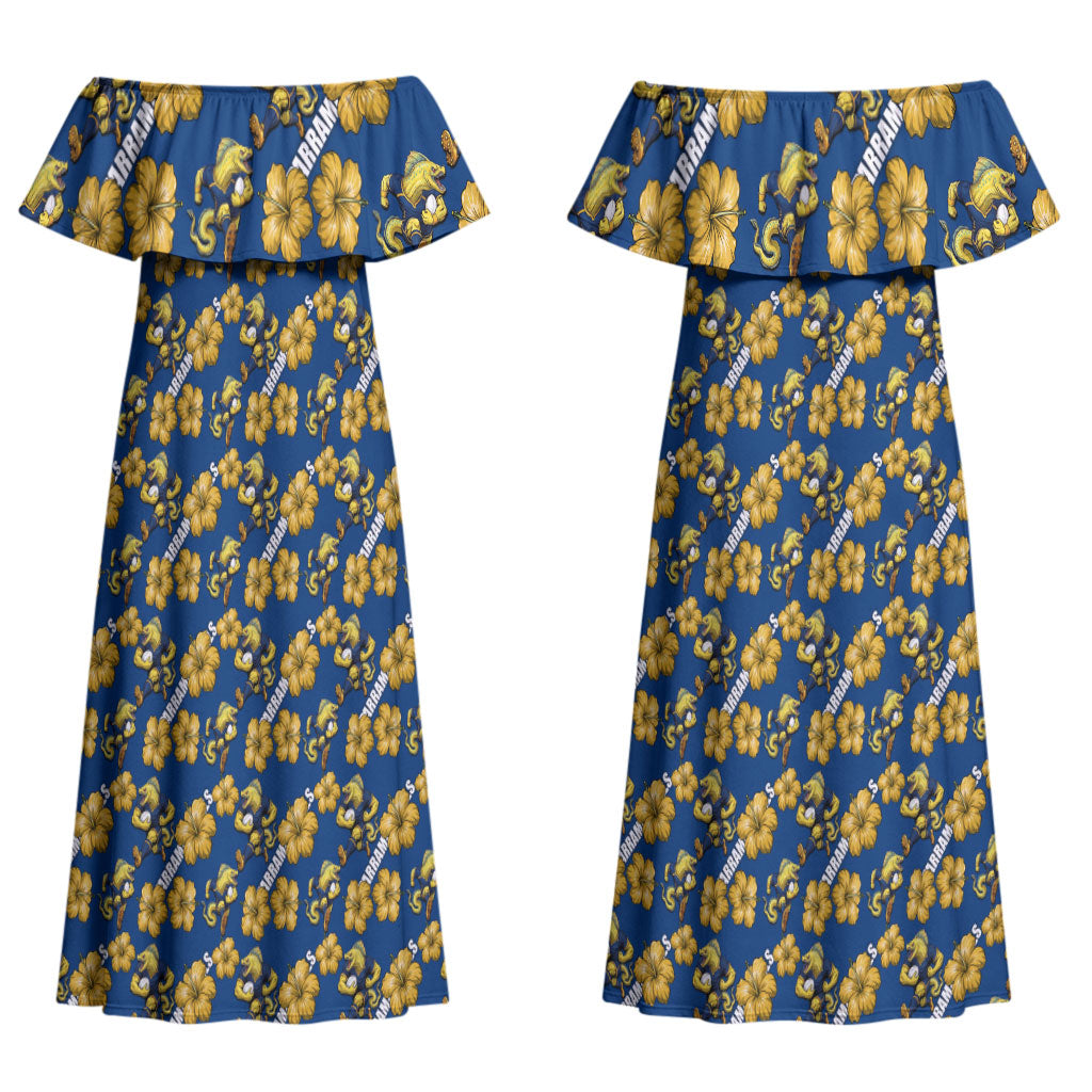 Parramatta Eels Couples Matching Off Shoulder Maxi Dress and Long Sleeve Button Shirt Tropical Hibiscus Floral Seamless Rugby Mascot